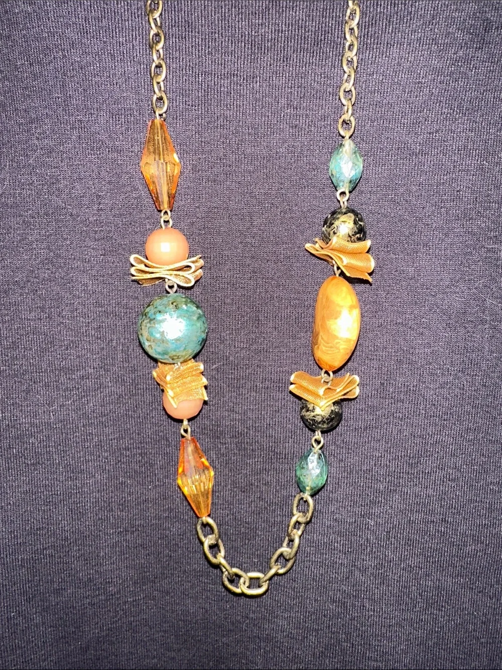 Boho Long Beaded Statement Mixed Media Necklace -Green, Gold & Turquoise